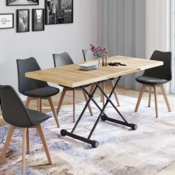Table basse extensible relevable en table à manger rectangulaire bois et noir design industriel