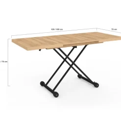 Table basse extensible relevable en table à manger rectangulaire bois et noir design industriel