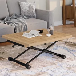 Table basse extensible relevable en table à manger rectangulaire bois et noir design industriel