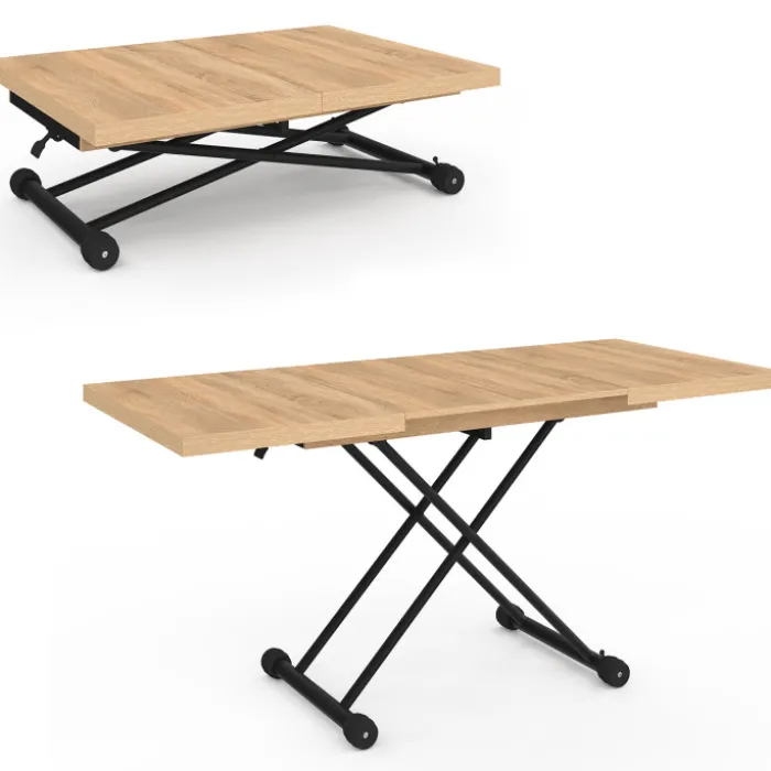 Table basse extensible relevable en table à manger rectangulaire bois et noir design industriel