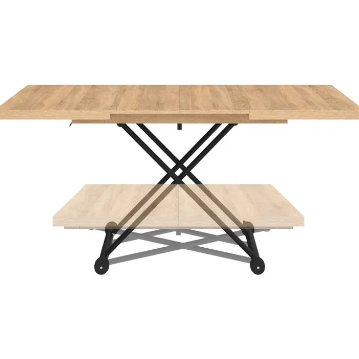 Table basse extensible relevable en table à manger rectangulaire bois et noir design industriel
