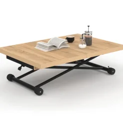 Table basse extensible relevable en table à manger rectangulaire bois et noir design industriel