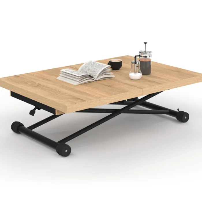 Table basse extensible relevable en table à manger rectangulaire bois et noir design industriel