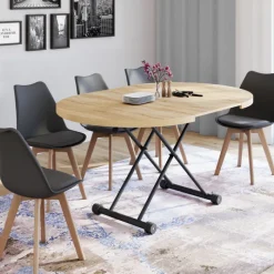 Table basse extensible relevable en table à manger ronde plateau façon hêtre pied noir design industriel