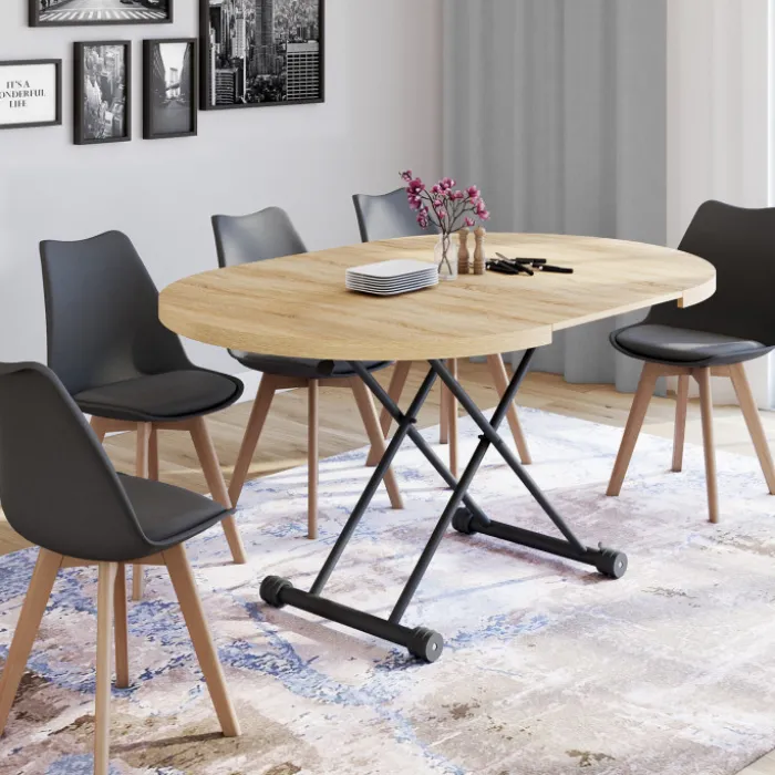 Table basse extensible relevable en table à manger ronde plateau façon hêtre pied noir design industriel