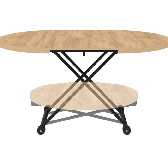Table basse extensible relevable en table à manger ronde plateau façon hêtre pied noir design industriel