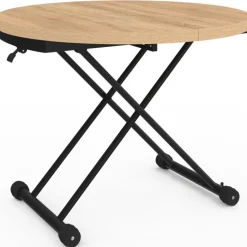Table basse extensible relevable en table à manger ronde plateau façon hêtre pied noir design industriel