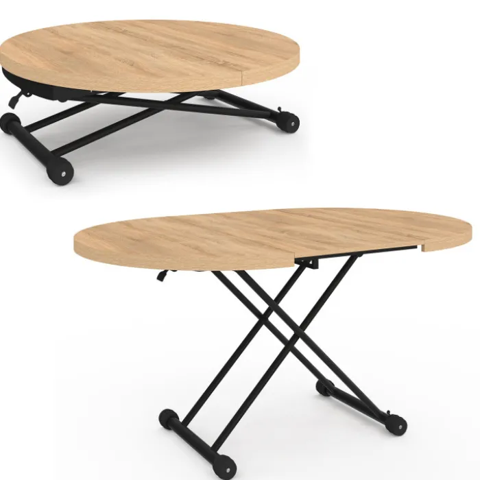 Table basse extensible relevable en table à manger ronde plateau façon hêtre pied noir design industriel