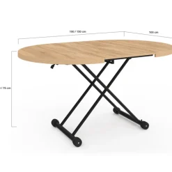 Table basse extensible relevable en table à manger ronde plateau façon hêtre pied noir design industriel