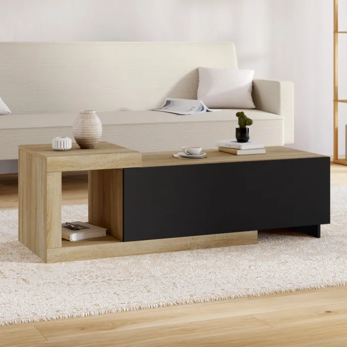 Table basse extensible rectangulaire 100-130 cm 1 porte bois et noir