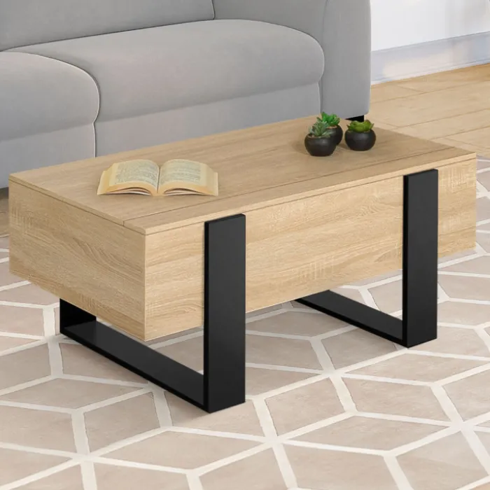 Table basse industrielle relevable bois et noir