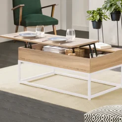 Table basse industrielle blanche et bois avec plateau relevable
