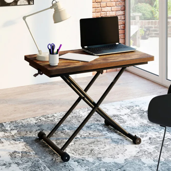 Table basse industrielle relevable bois foncé et noir