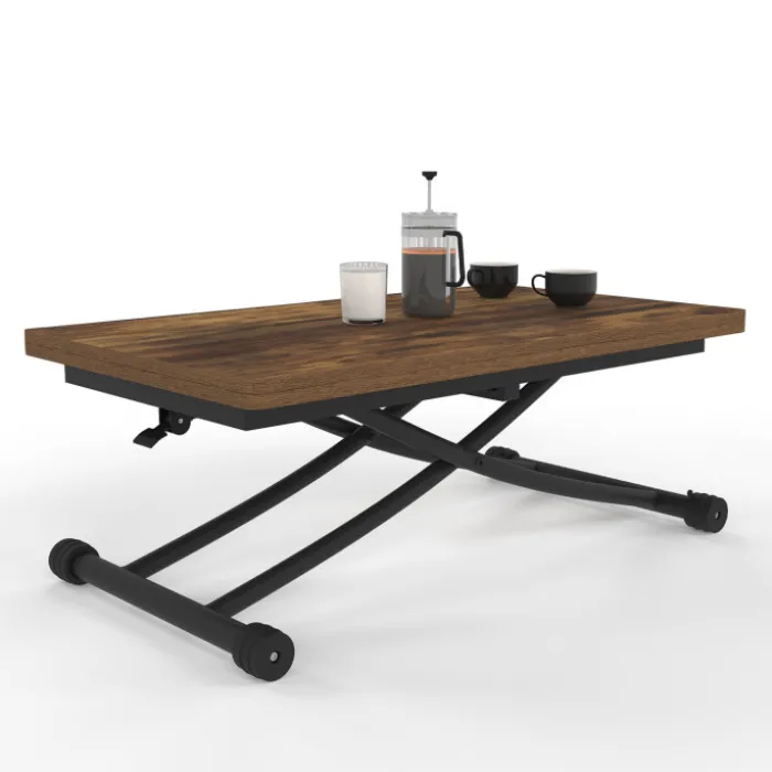 Table basse industrielle relevable bois foncé et noir