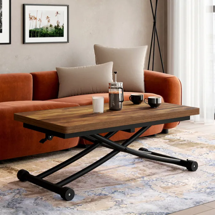 Table basse industrielle relevable bois foncé et noir