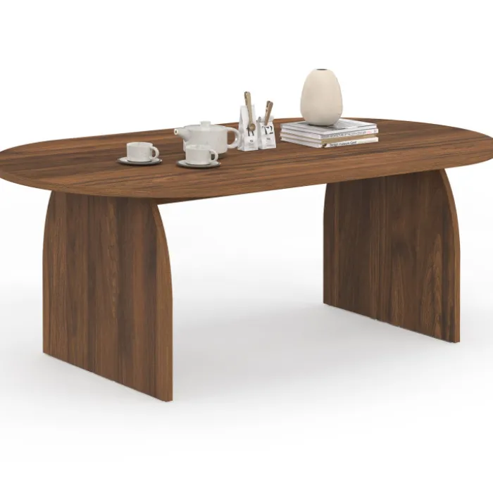 Table basse japandi ovale 110 cm bois effet noyer