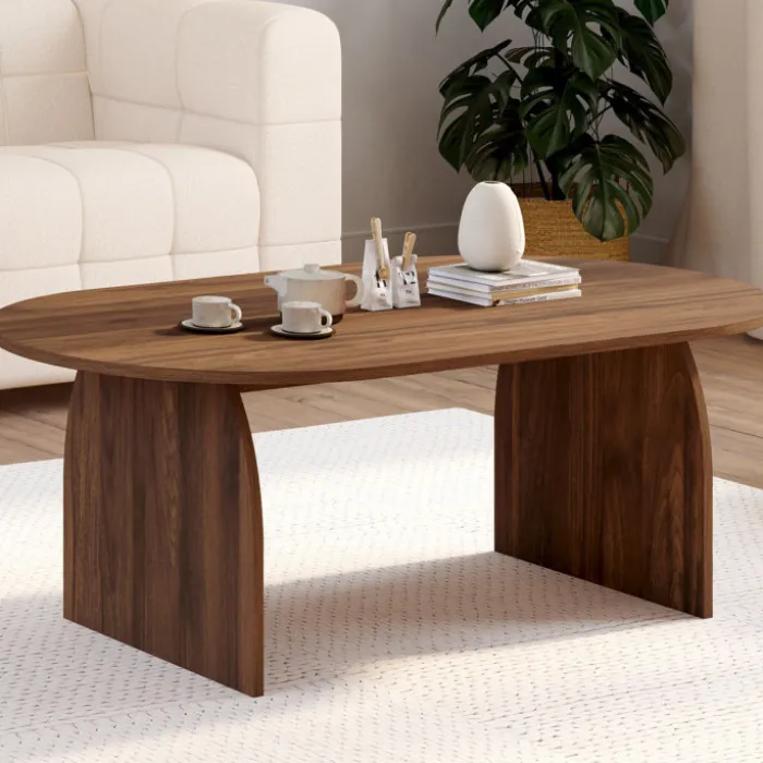 Table basse japandi ovale 110 cm bois effet noyer