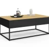 Table basse noire style industriel avec plateau relevable en bois façon hêtre