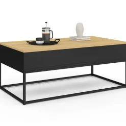 Table basse noire style industriel avec plateau relevable en bois façon hêtre