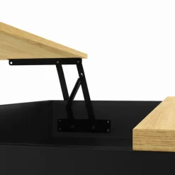 Table basse noire style industriel avec plateau relevable en bois façon hêtre