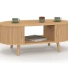 Table basse ovale 100 cm 2 portes coulissantes lattes tasseau bois coloris chêne