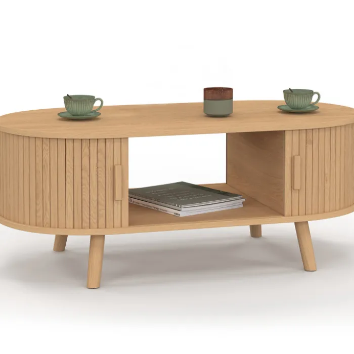 Table basse ovale 100 cm 2 portes coulissantes lattes tasseau bois coloris chêne