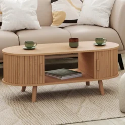 Table basse ovale 100 cm 2 portes coulissantes lattes tasseau bois coloris chêne