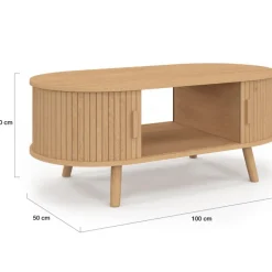 Table basse ovale 100 cm 2 portes coulissantes lattes tasseau bois coloris chêne