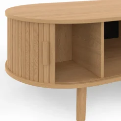 Table basse ovale 100 cm 2 portes coulissantes lattes tasseau bois coloris chêne
