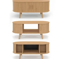 Table basse ovale 100 cm 2 portes coulissantes lattes tasseau bois coloris chêne