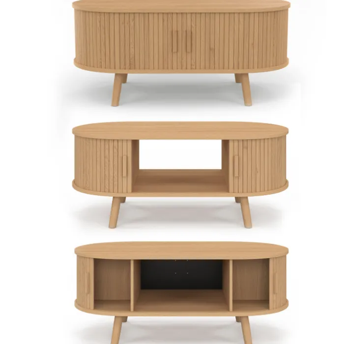 Table basse ovale 100 cm 2 portes coulissantes lattes tasseau bois coloris chêne