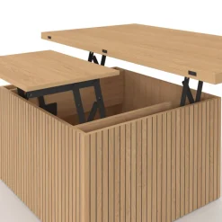 Table basse plateau relevable rectangulaire convertible en table à manger 100 cm effet lattes tasseau bois