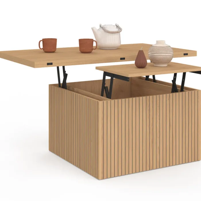 Table basse plateau relevable rectangulaire convertible en table à manger 100 cm effet lattes tasseau bois
