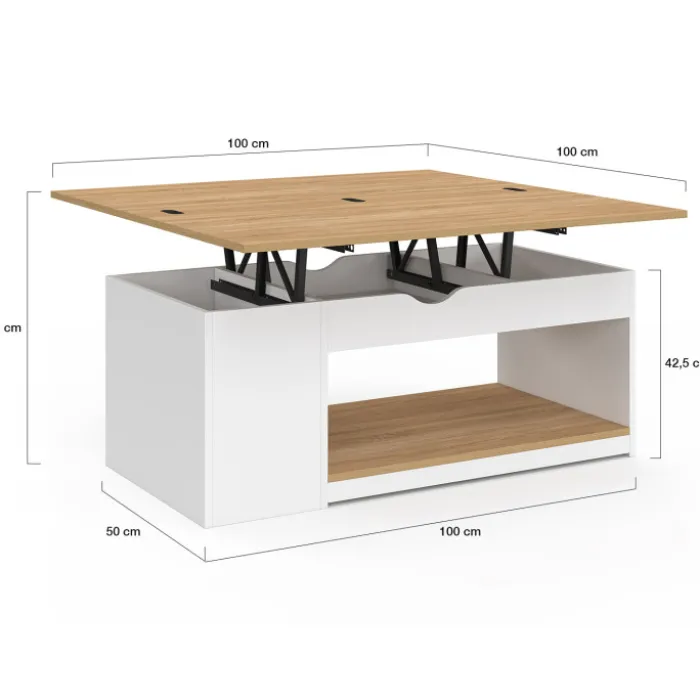 Table basse plateau relevable rectangulaire convertible en table à manger 100 cm bois blanc et façon hêtre