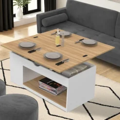 Table basse plateau relevable rectangulaire convertible en table à manger 100 cm bois blanc et façon hêtre