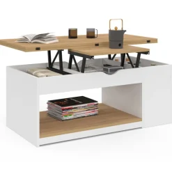 Table basse plateau relevable rectangulaire convertible en table à manger 100 cm bois blanc et façon hêtre