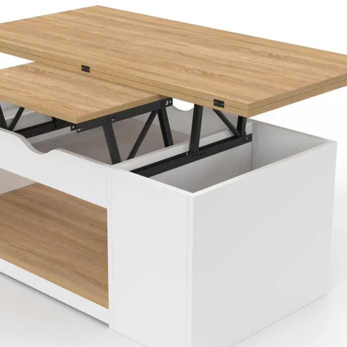 Table basse plateau relevable rectangulaire convertible en table à manger 100 cm bois blanc et façon hêtre