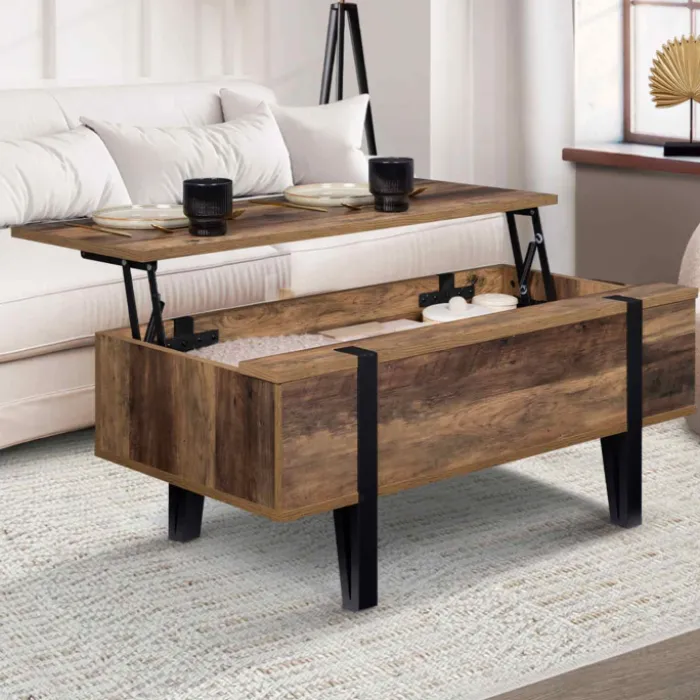 Table basse plateau relevable bois foncé pied épingle