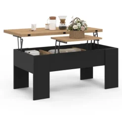 Table basse plateau relevable rectangulaire bois noir et imitation hêtre