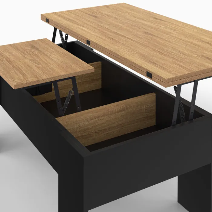 Table basse plateau relevable rectangulaire bois noir et imitation hêtre