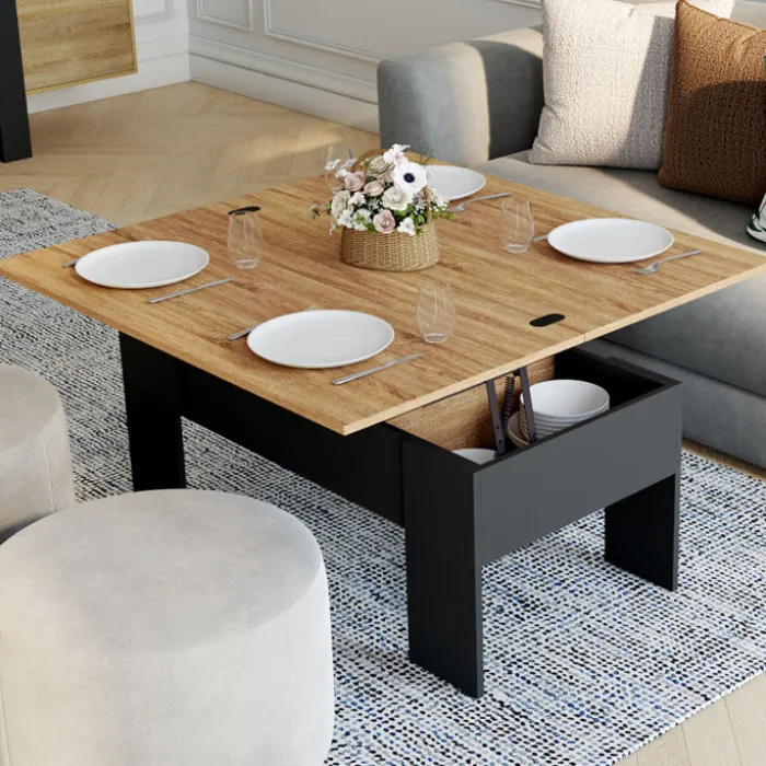 Table basse plateau relevable rectangulaire bois noir et imitation hêtre