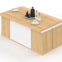 Table basse plateau relevable rectangulaire convertible en table à manger 100 cm bois et blanc avec poufs