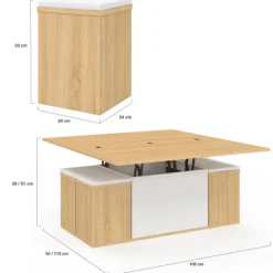 Table basse plateau relevable rectangulaire convertible en table à manger 100 cm bois et blanc avec poufs