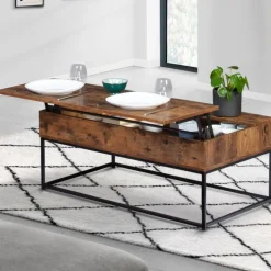 Table basse plateau relevable effet bois vieilli et pieds métal