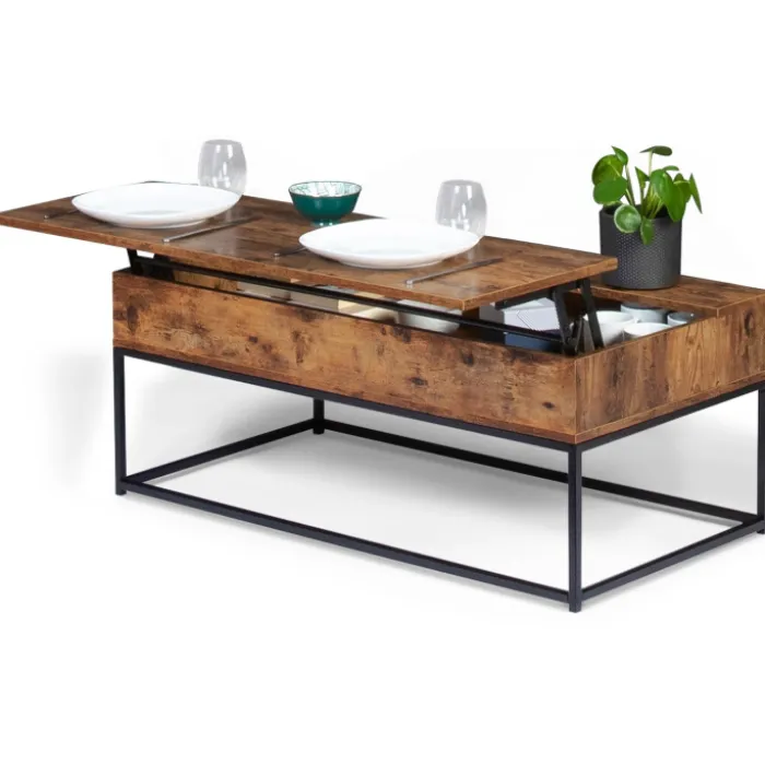 Table basse plateau relevable effet bois vieilli et pieds métal