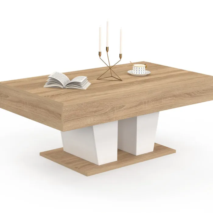 Table basse plateau relevable rectangulaire bois et blanc