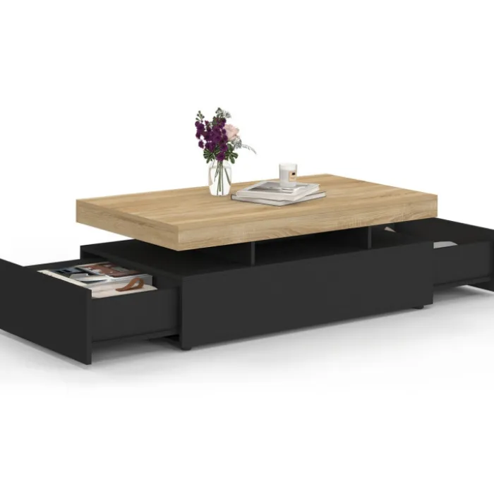 Table basse rectangle 100 cm avec 2 tiroirs noirs