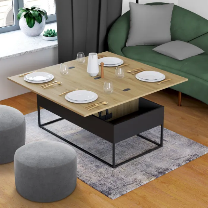 Table basse rectangulaire industrielle relevable et convertible pour manger