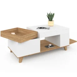 Table basse rectangulaire bois et blanc plateau relevable et coffre