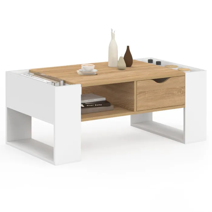 Table basse rectangulaire avec tiroir bois blanc et façon hêtre